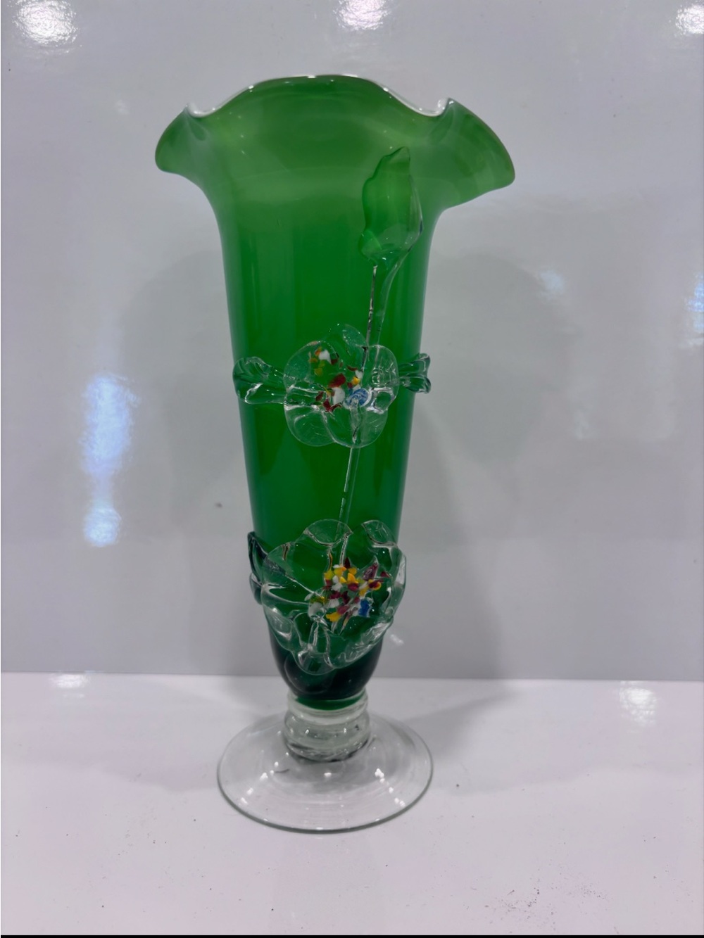 Hand Blown Murano Style Green Opaline Glass Vase with Applied Floral Decoration
